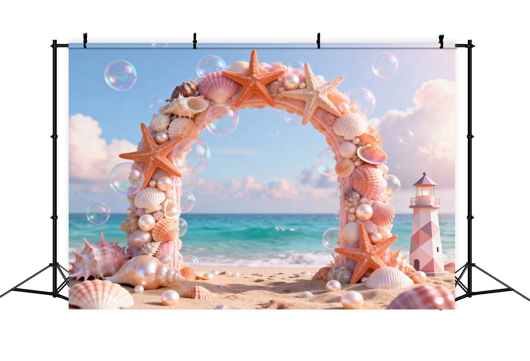 Hintergründe mit Strandmotiv Muschelbogen Leuchtturm Sommer-Hintergründe für Fotos RR61-25