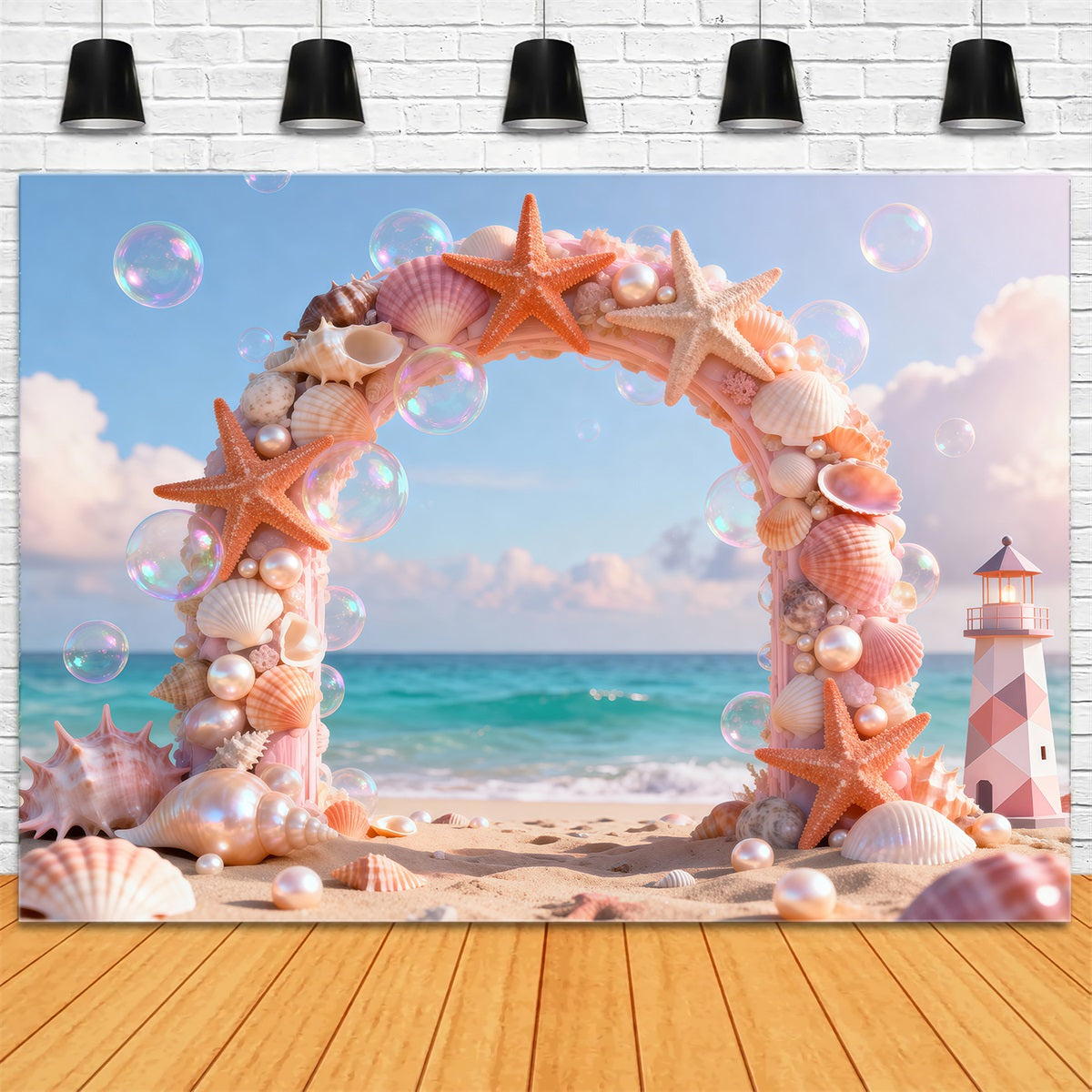 Hintergründe mit Strandmotiv Muschelbogen Leuchtturm Sommer-Hintergründe für Fotos RR61-25