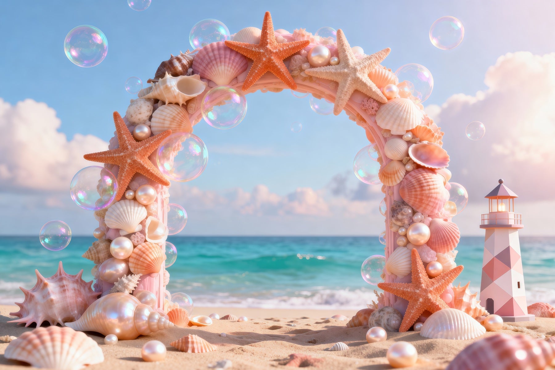 Hintergründe mit Strandmotiv Muschelbogen Leuchtturm Sommer-Hintergründe für Fotos RR61-25