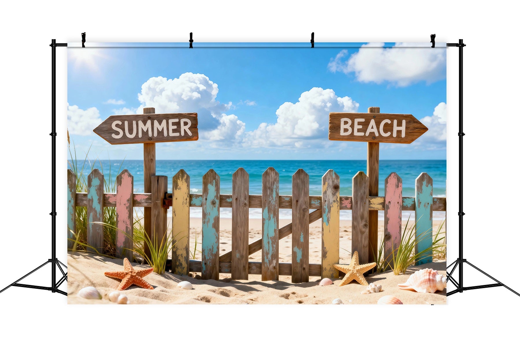 Hintergrund mit Strandmotiv Bunte Strandwegweiser Sommer-Hintergrund für Fotos RR61-27