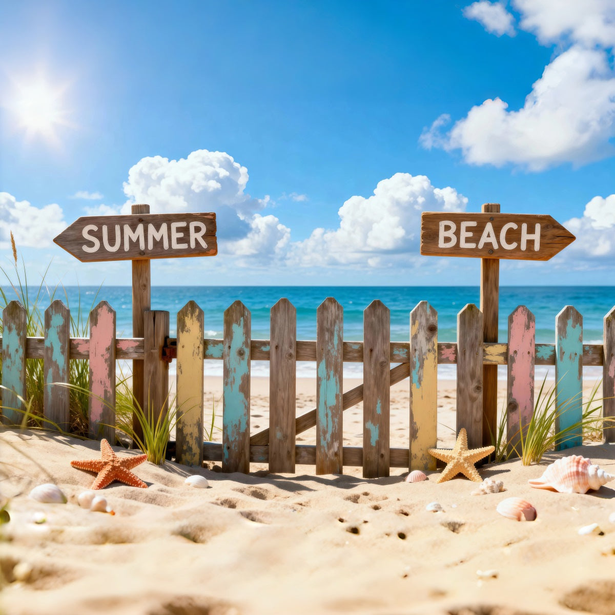 Hintergrund mit Strandmotiv Bunte Strandwegweiser Sommer-Hintergrund für Fotos RR61-27