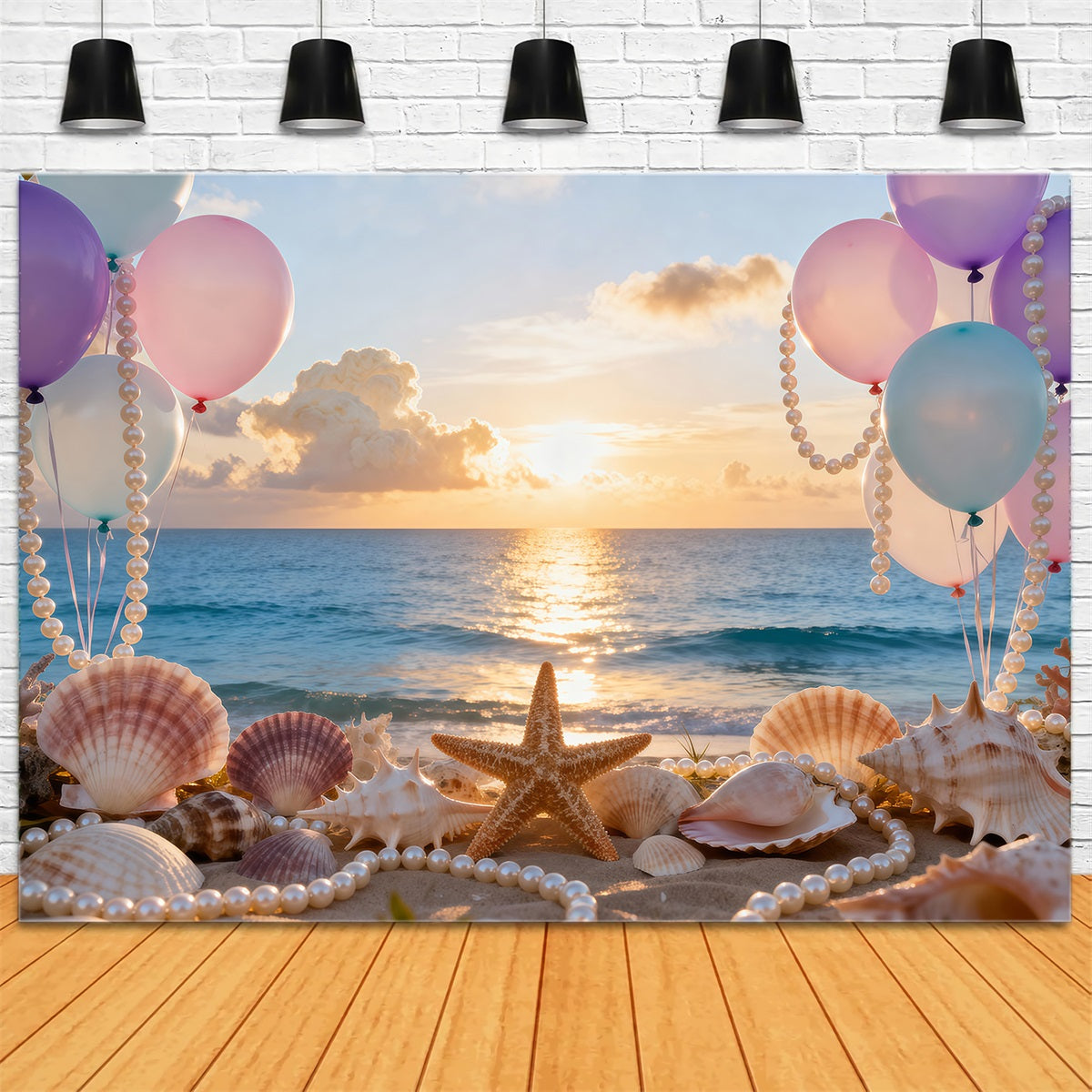 Strandfoto-Hintergrund Ballons Muschel Sonnenuntergang Sommer-Hintergründe RR61-29