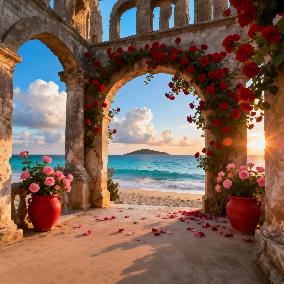 Strandhintergründe Romantischer Rosenbogen Ozean Sommer-Foto-Hintergrund RR61-30