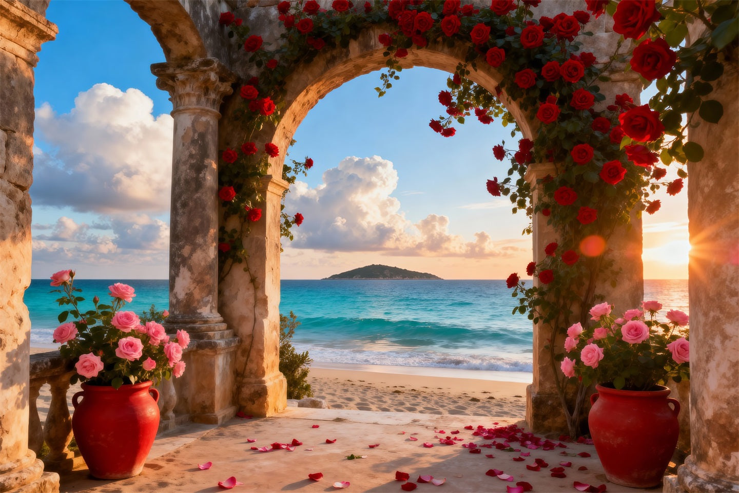 Strandhintergründe Romantischer Rosenbogen Ozean Sommer-Foto-Hintergrund RR61-30