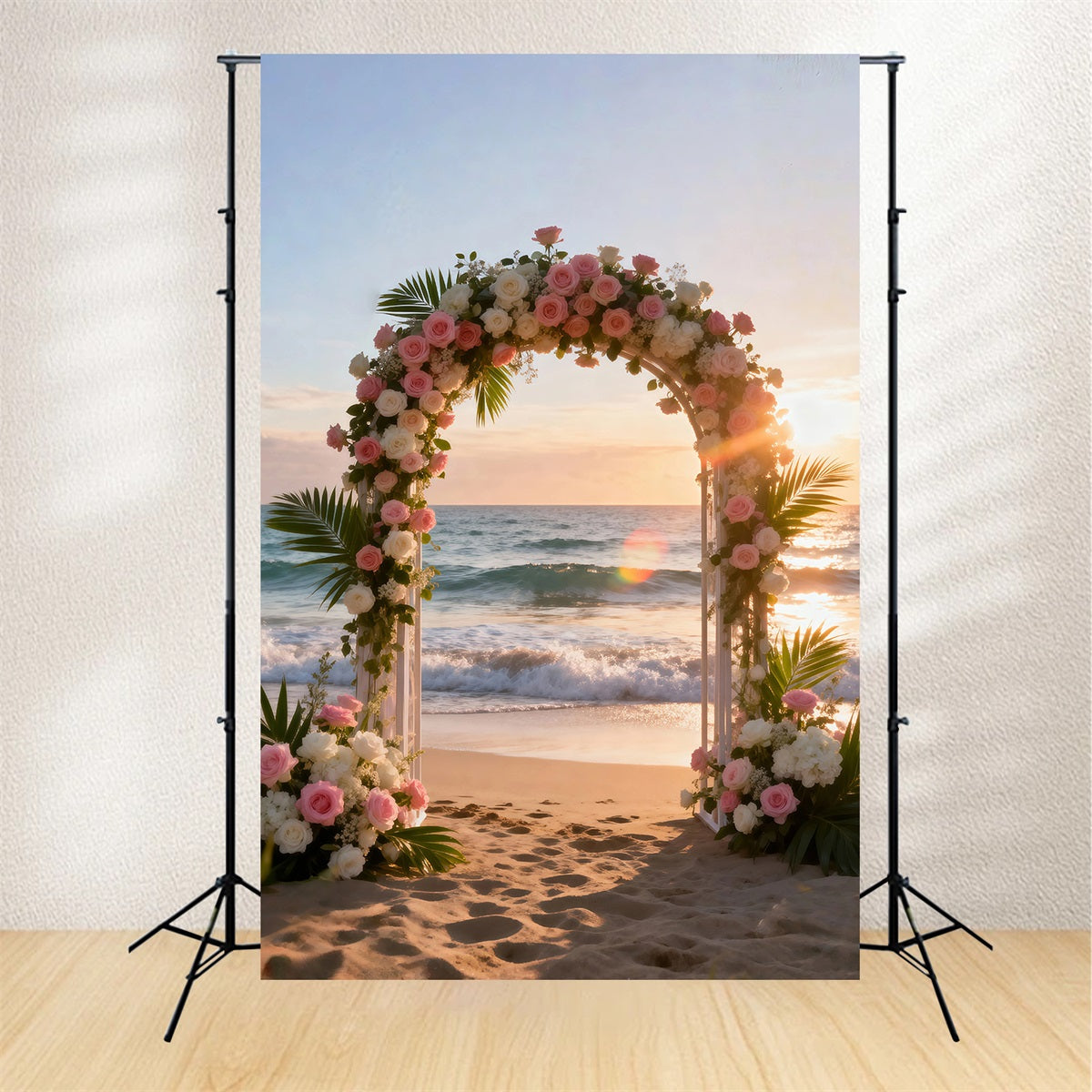 Strandkulisse Blumenhochzeitsbogen Sonnenuntergang Sommer-Fotokulisse RR61-33