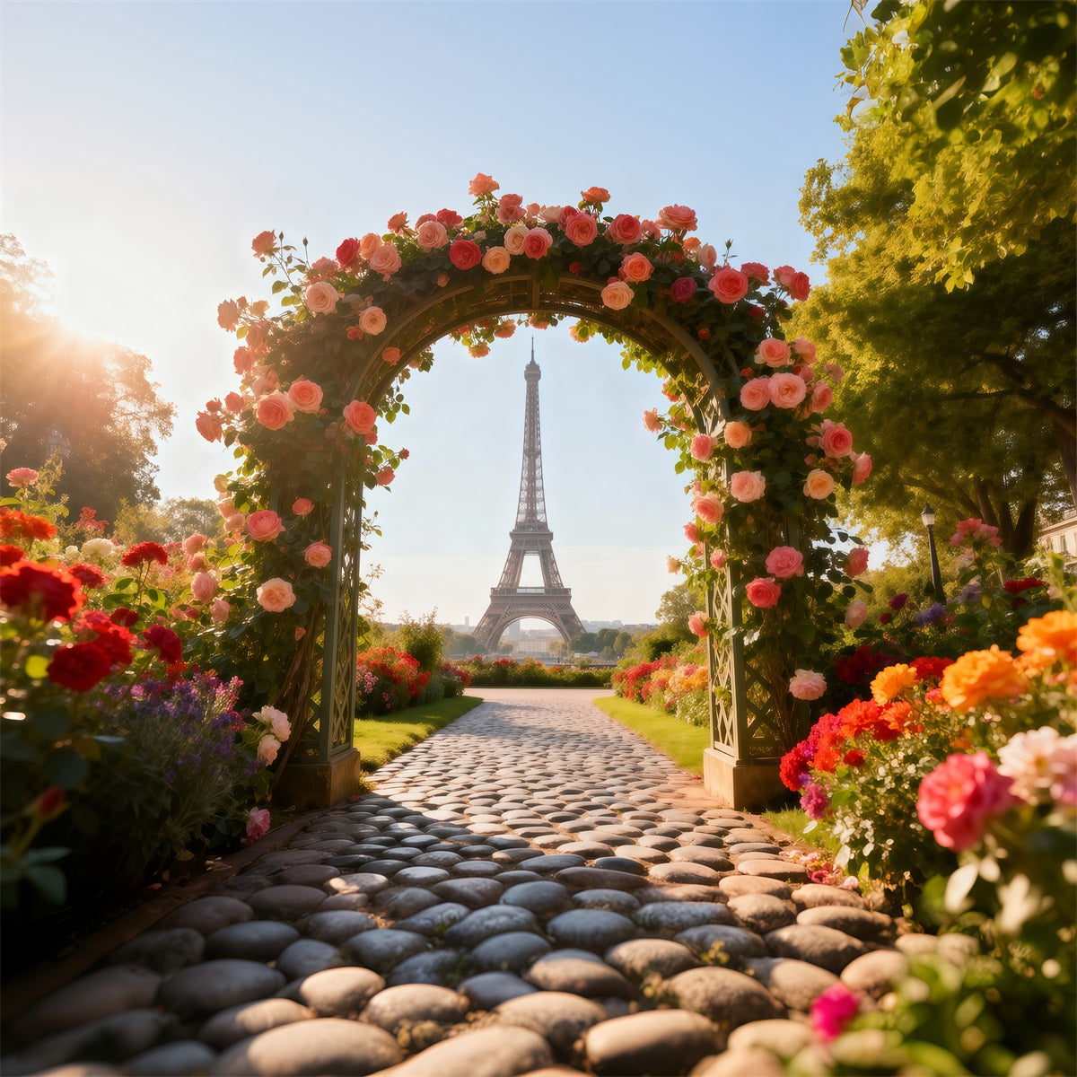 Paris-Fotohintergrund Rosengarten Blumenbogen Eiffelturm-Fotohintergrund RR61-35