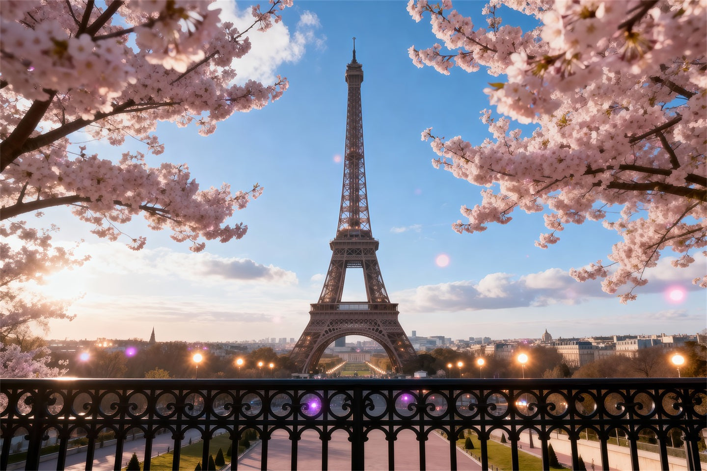 Mitternacht in Paris-Kulisse Kirschblüten Balkon Dämmerung Eiffelturm-Kulisse RR61-46