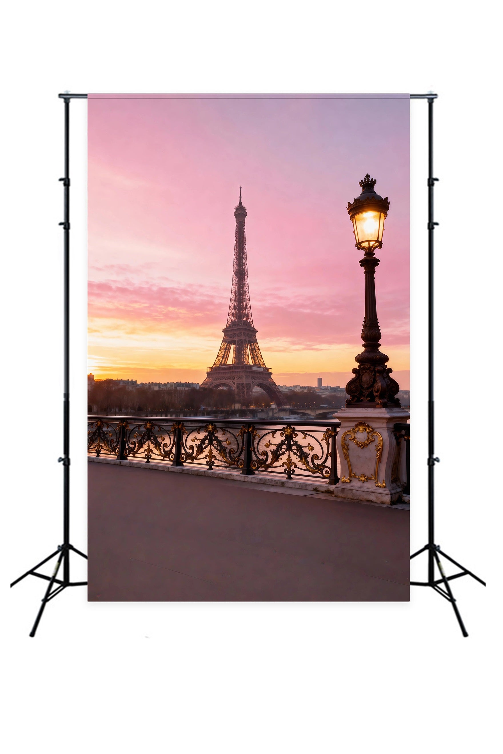 Paris-Fotohintergründe Sonnenuntergang Lampe Brücke Romantik Eiffelturm-Fotohintergrund RR61-47