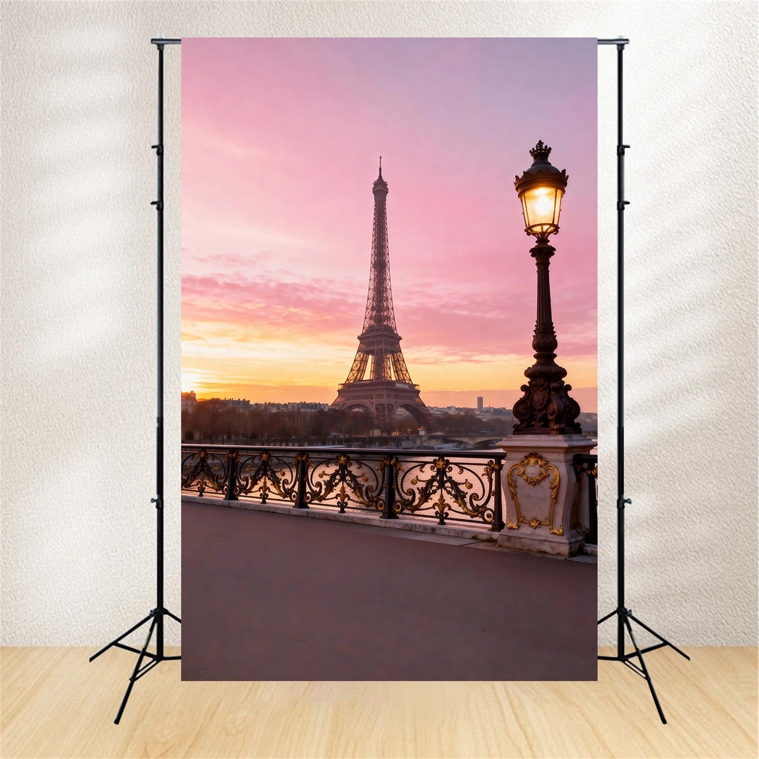 Paris-Fotohintergründe Sonnenuntergang Lampe Brücke Romantik Eiffelturm-Fotohintergrund RR61-47