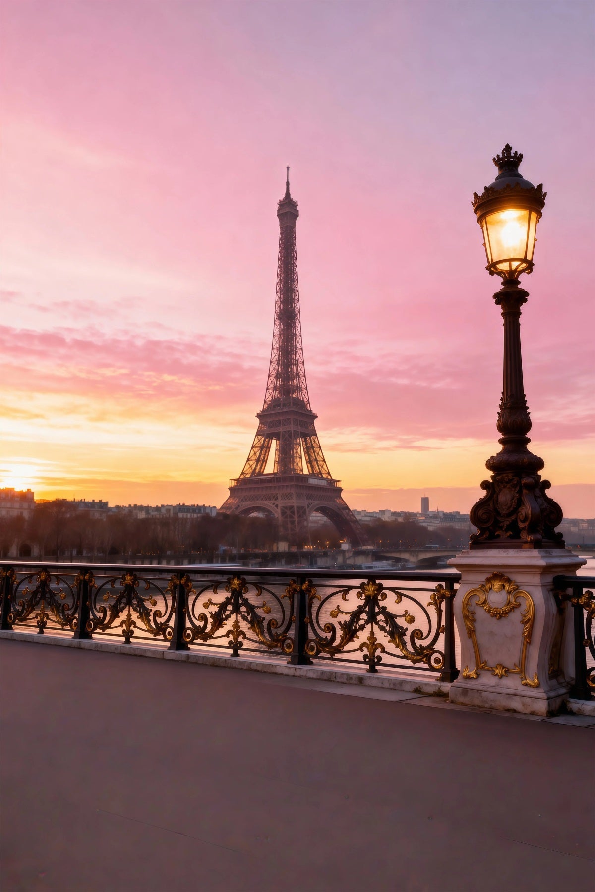 Paris-Fotohintergründe Sonnenuntergang Lampe Brücke Romantik Eiffelturm-Fotohintergrund RR61-47