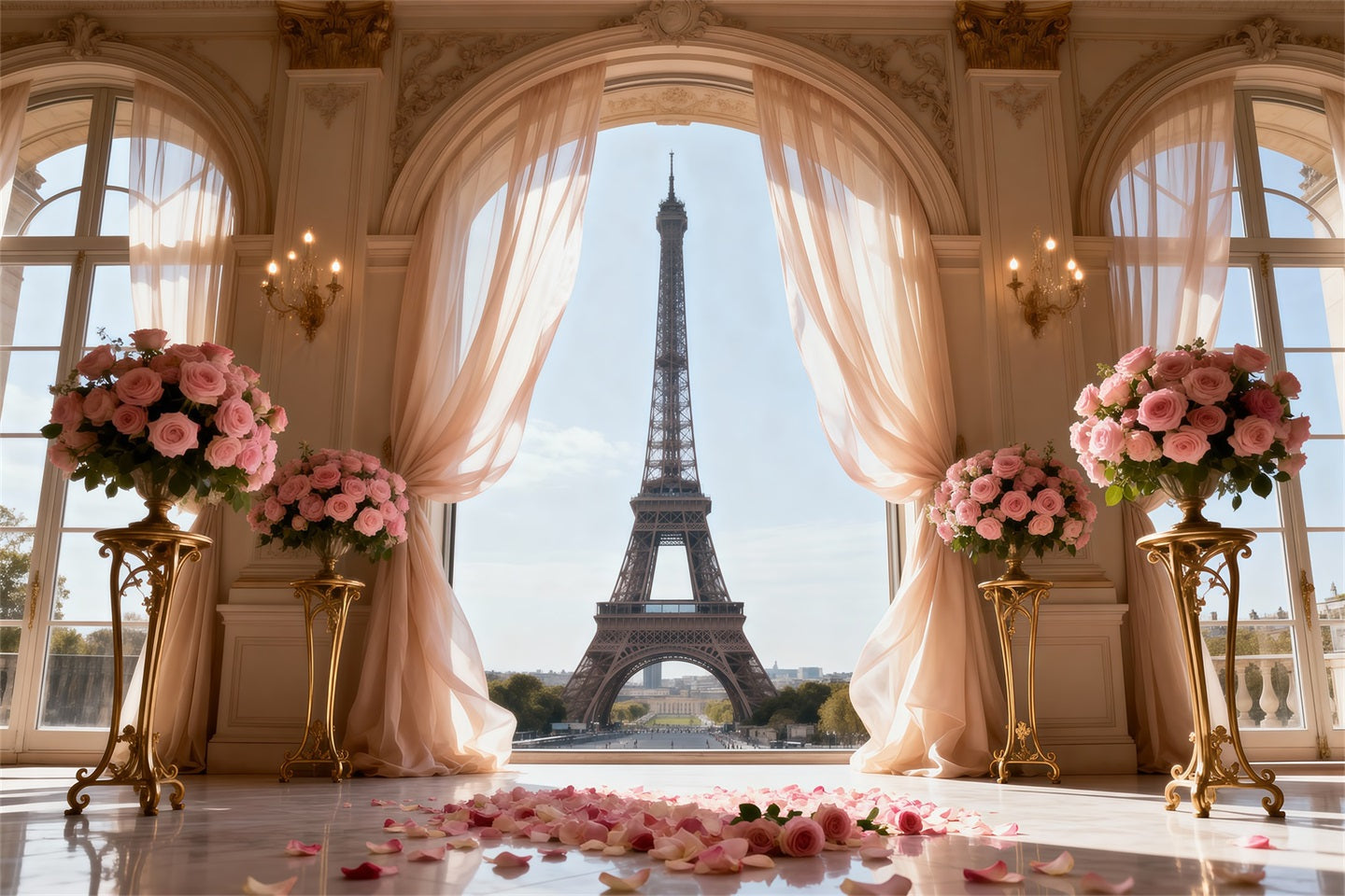 Paris-Themen-Fotohintergrund Palastfenster Rose Zeremonie Eiffelturm-Fotohintergrund RR61-50