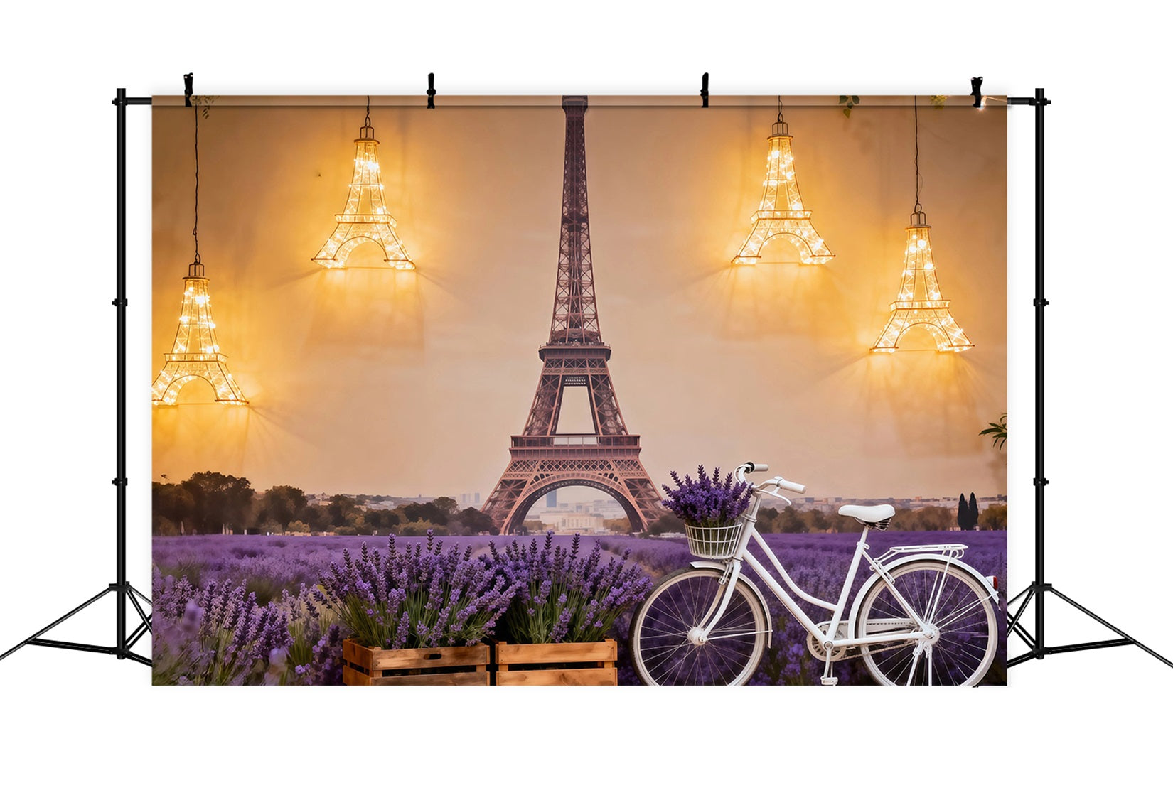 Eiffelturm-Fotohintergrund Lavendelfeld Fahrrad Glow Paris-Hintergründe RR61-51