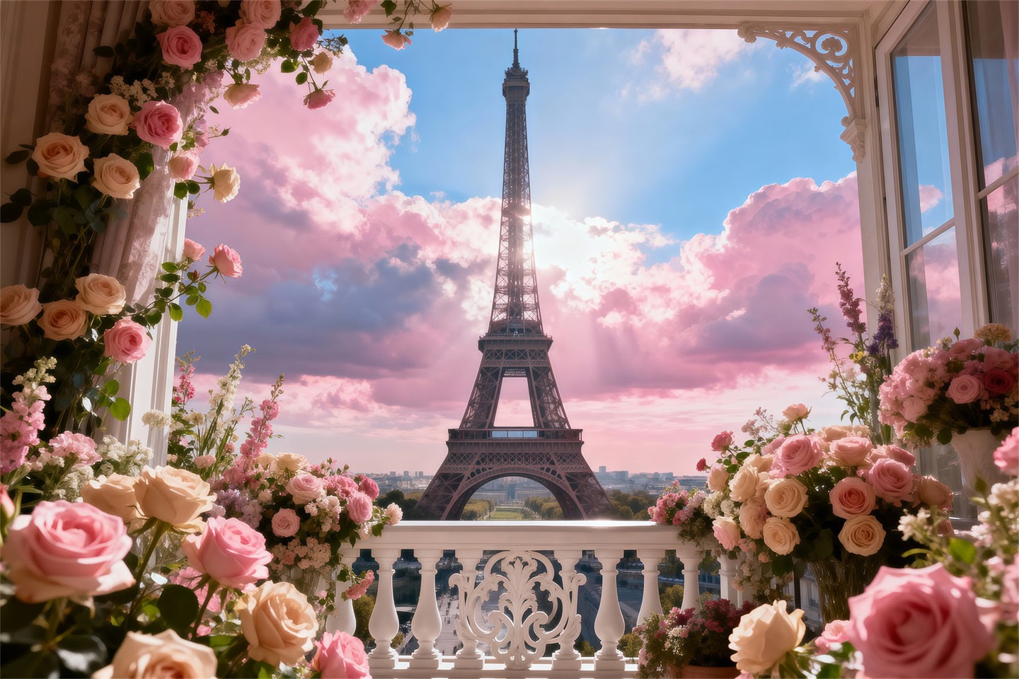 Paris-Fotohintergrund Pastell Balkon Garten Himmel Eiffelturm-Fotohintergrund RR61-53