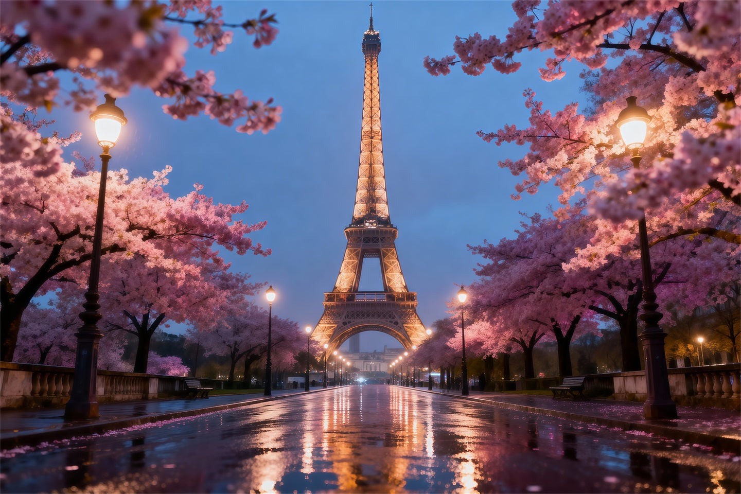 Mitternacht in Paris Hintergrund Kirschblüten Abendpromenade Eiffelturm-Hintergründe RR61-57