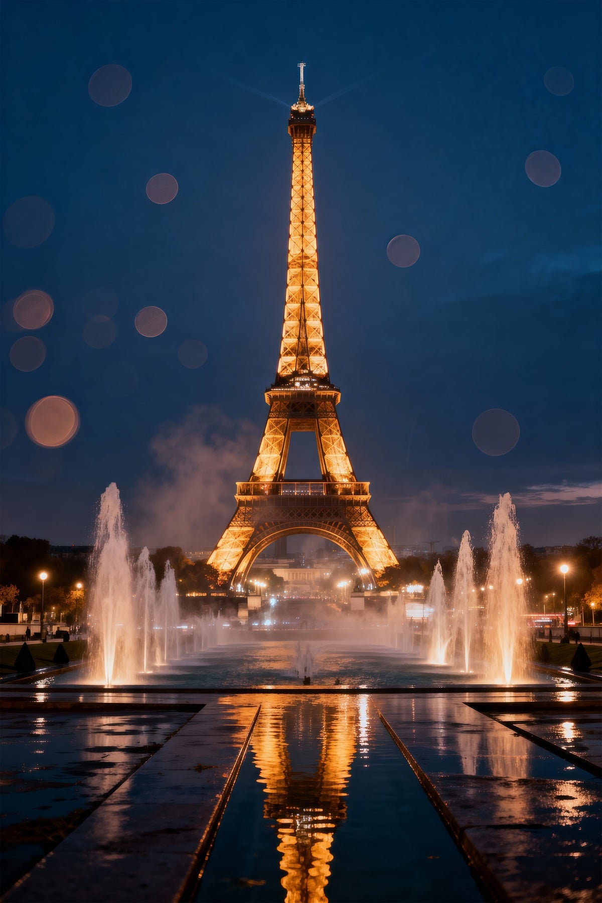 Paris-Fotohintergrund Mitternachtsbrunnen Goldene Reflexion Eiffelturm-Hintergründe RR61-58