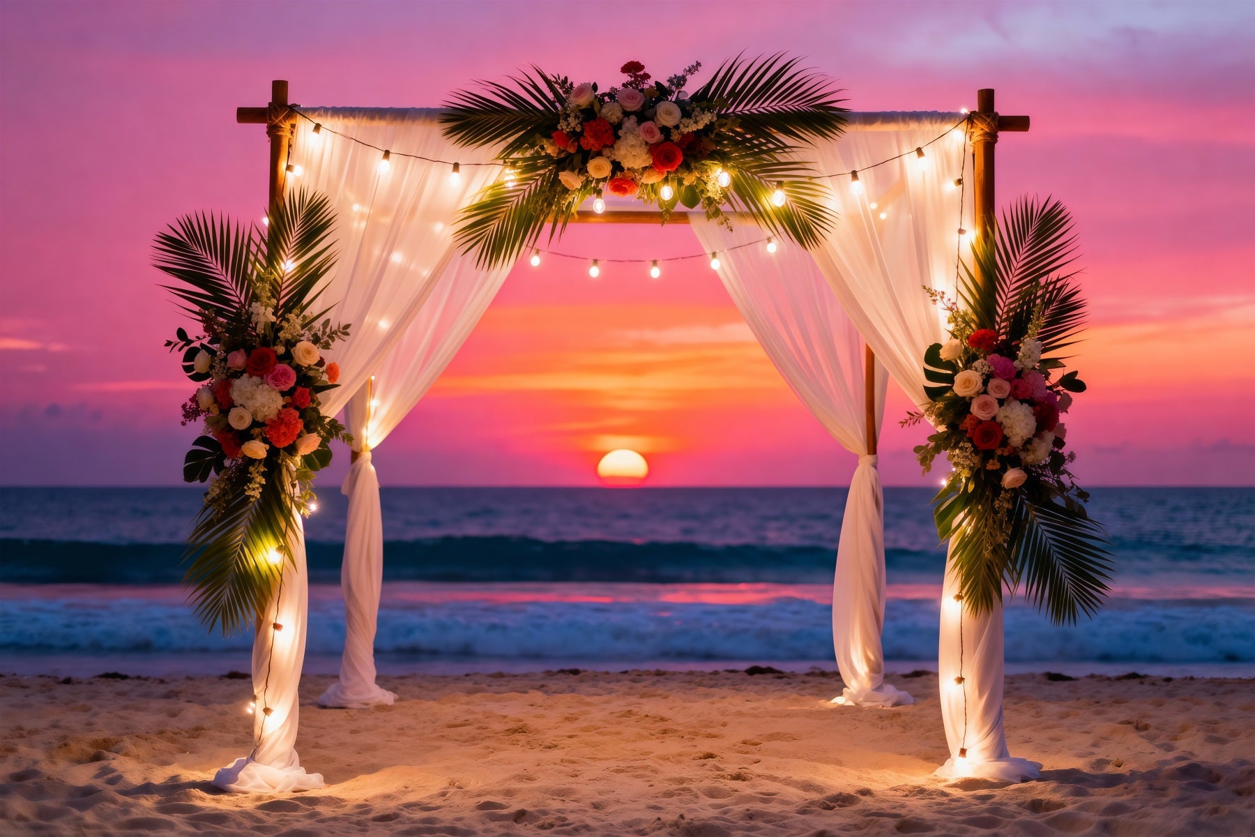 Sonnenuntergang am Strand Hintergrund Hochzeitsblumenbogen Vorhänge Sommer-Fotokabinenhintergrund RR61-6