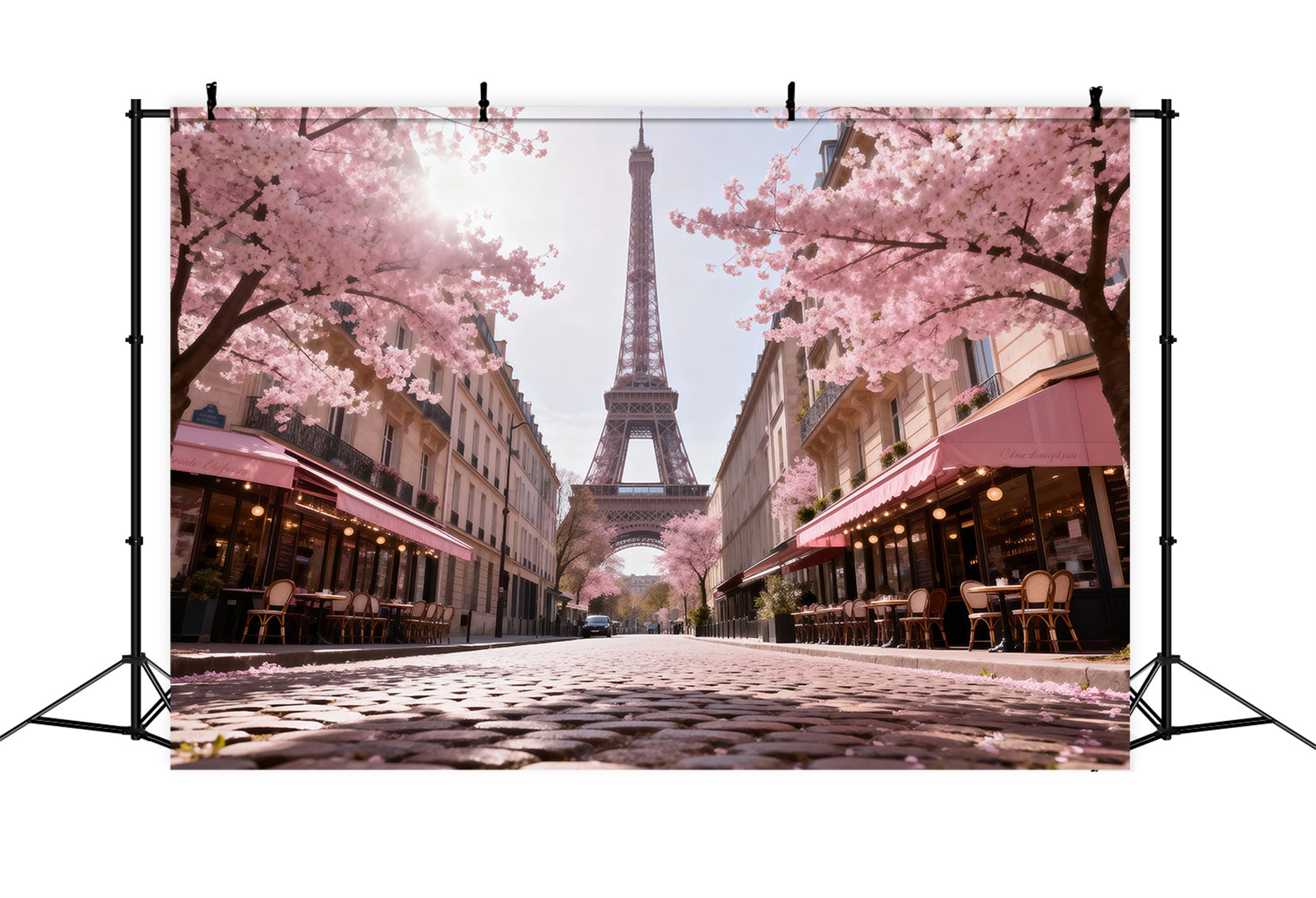 Paris-Hintergrund für Fotos Blühendes Café Straße Morgen Eiffelturm Paris-Hintergrund RR61-61