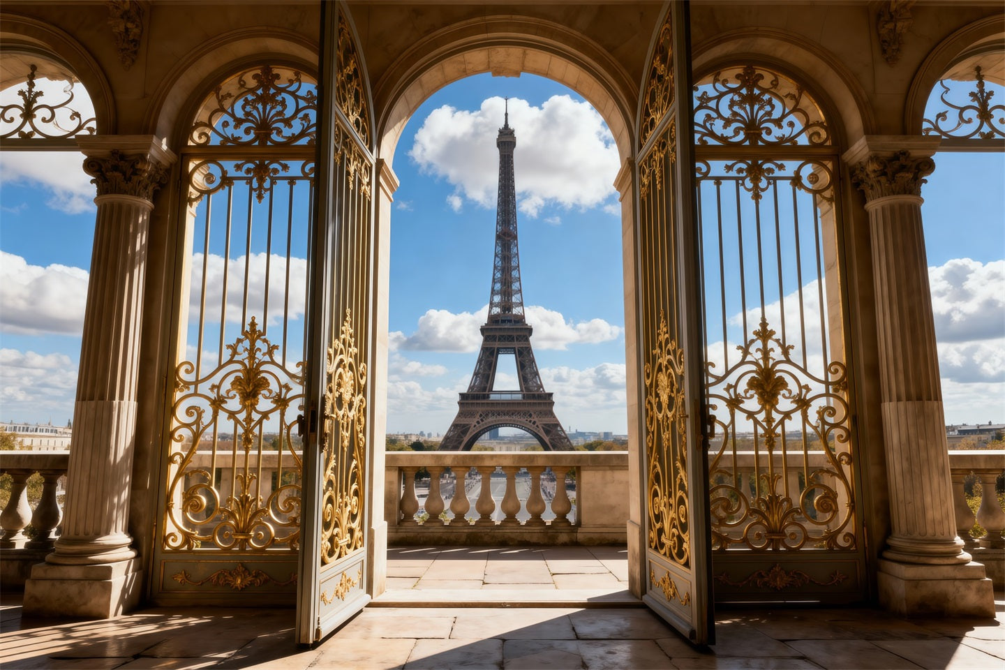Hintergrund mit Paris-Motiv Goldener Palast Torbogen Balkonblick Eiffelturm-Hintergründe RR61-62