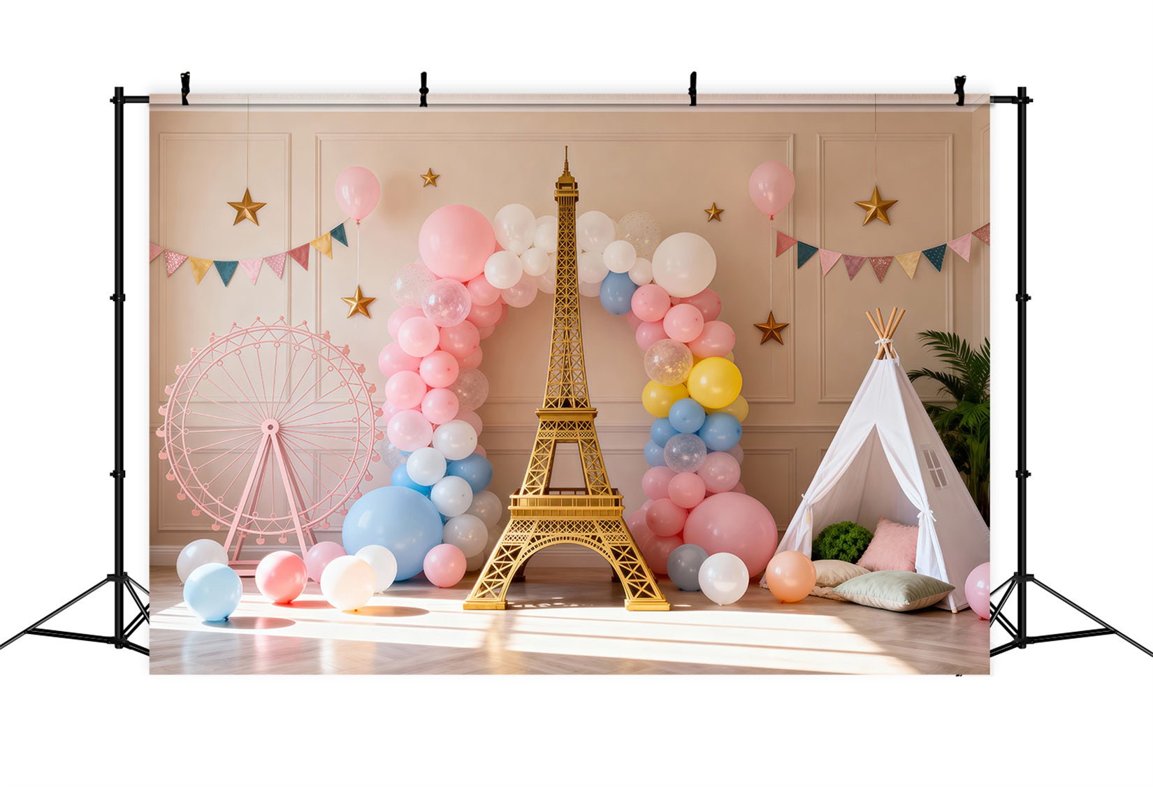 Ideen für Paris-Hintergründe Pastellfarbene Ballons Party Fantasie Eiffelturm-Fotohintergrund RR61-63
