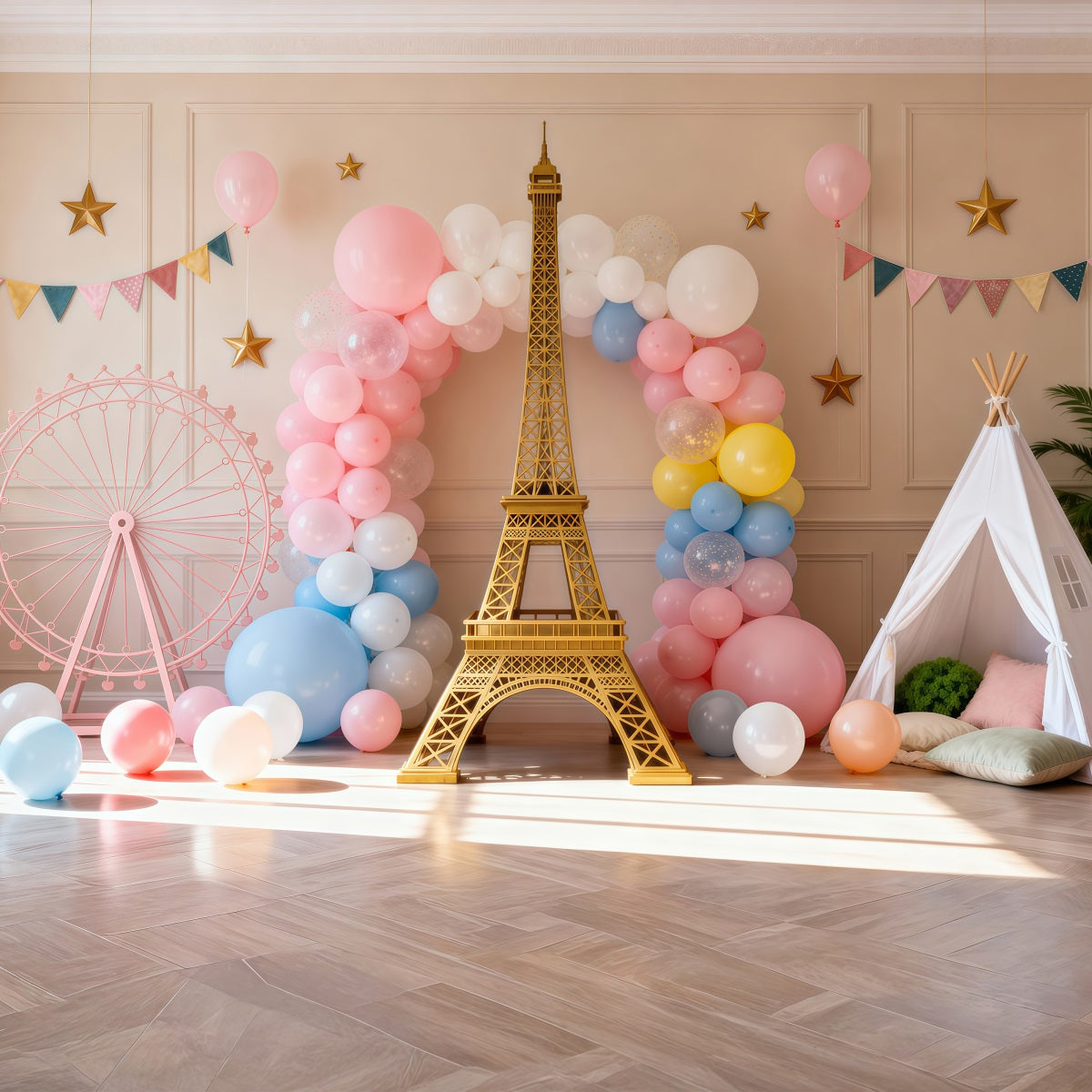 Ideen für Paris-Hintergründe Pastellfarbene Ballons Party Fantasie Eiffelturm-Fotohintergrund RR61-63