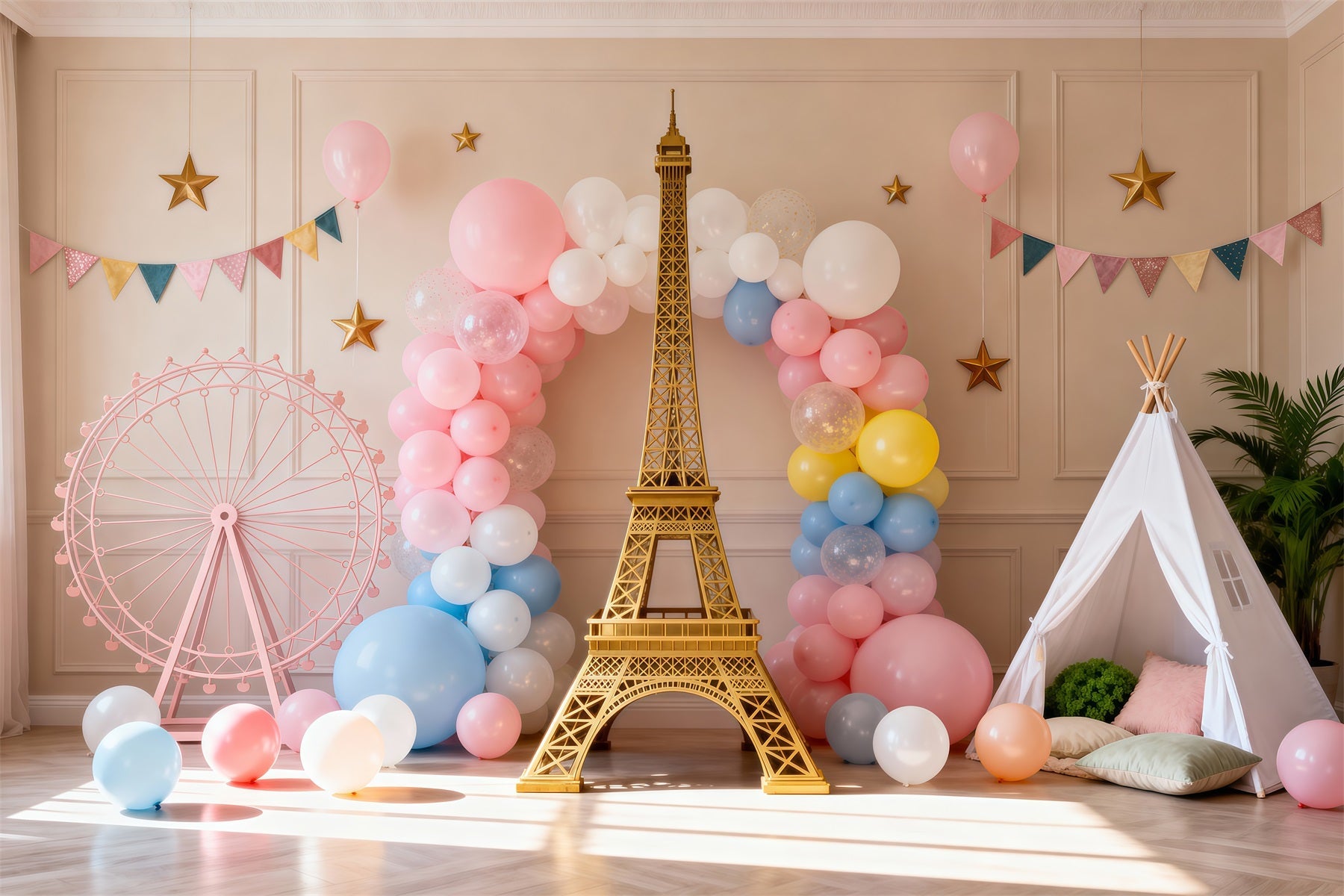 Ideen für Paris-Hintergründe Pastellfarbene Ballons Party Fantasie Eiffelturm-Fotohintergrund RR61-63