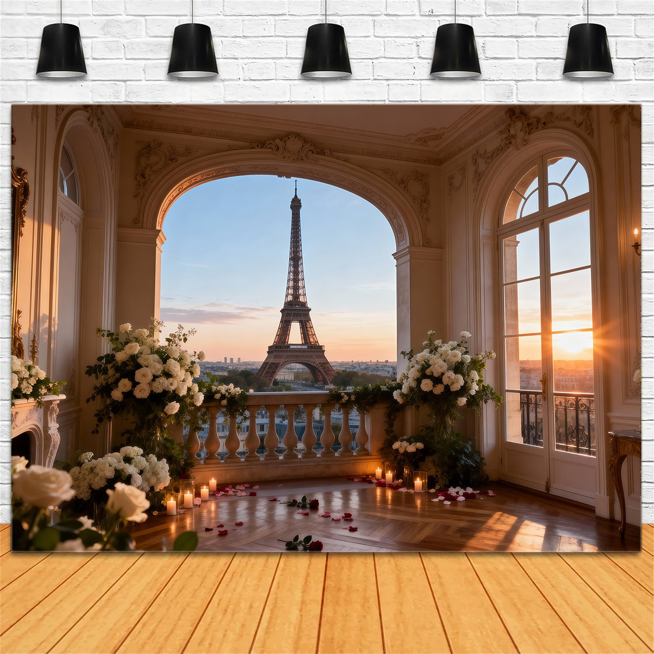 Ideen für Paris-Hintergründe Eleganter Salon Sonnenuntergang Eiffelturm-Fotohintergrund RR61-65