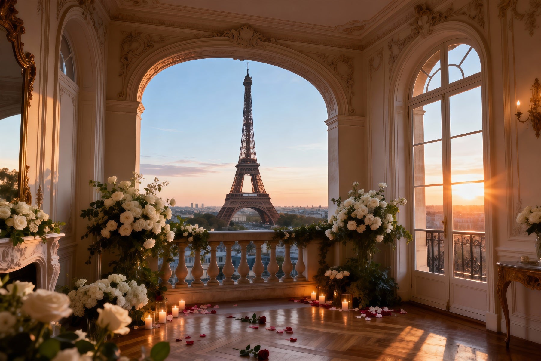 Ideen für Paris-Hintergründe Eleganter Salon Sonnenuntergang Eiffelturm-Fotohintergrund RR61-65