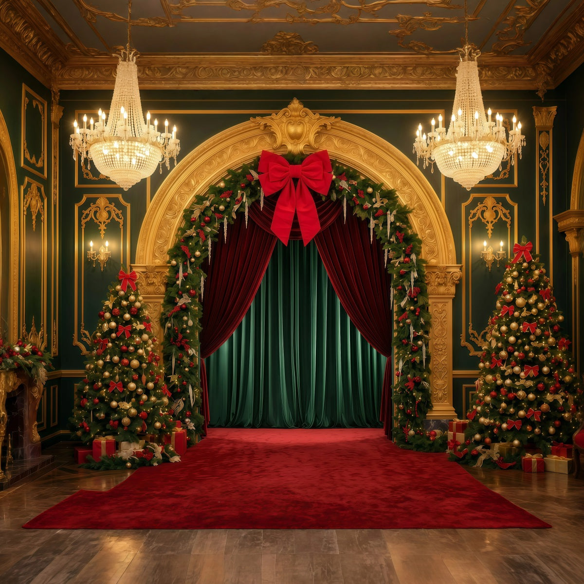 Weihnachtlicher Bühnenhintergrund Goldener Bogen Samteingang RR610-1