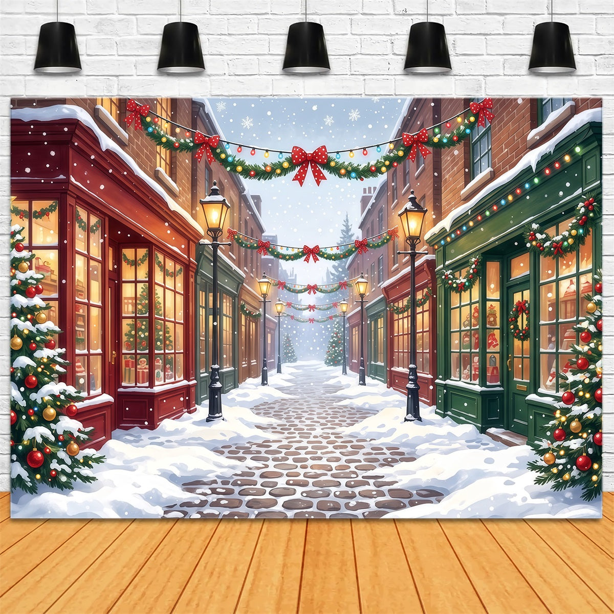 Weihnachtsdorf-Hintergrund Verschneite Dekorierte Einkaufsstraße RR610-103