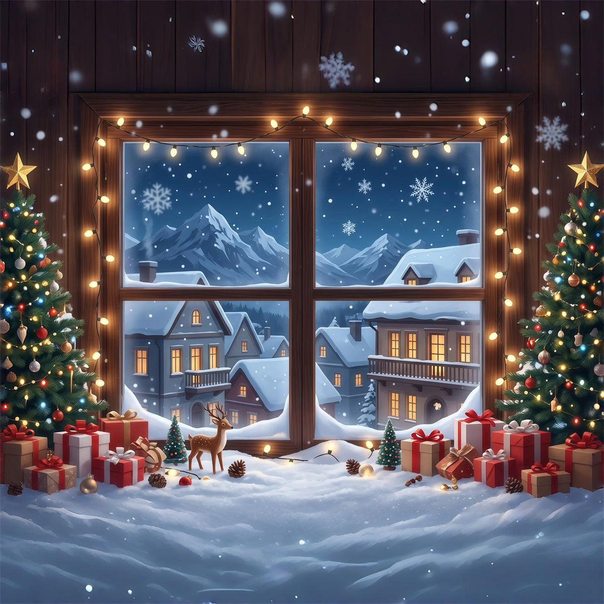Winterlicher Weihnachtshintergrund Verschneites Haus Fensterdekoration RR610-107