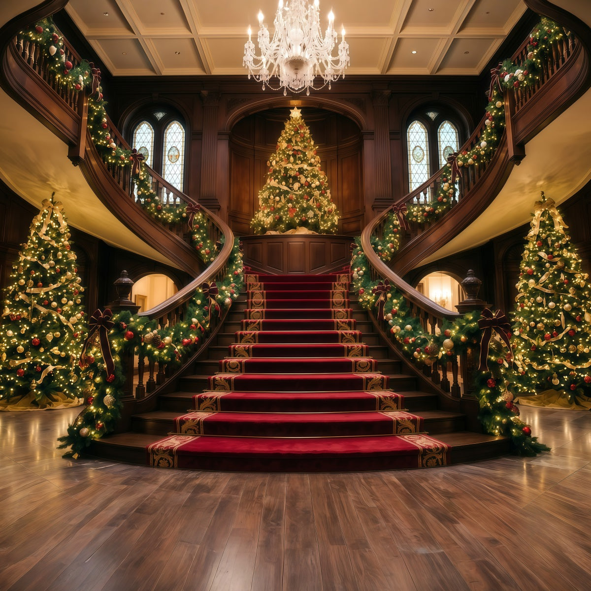 Weihnachtlicher Wohnzimmerhintergrund Verzierte Doppeltreppe Eingangsbereich RR610-108