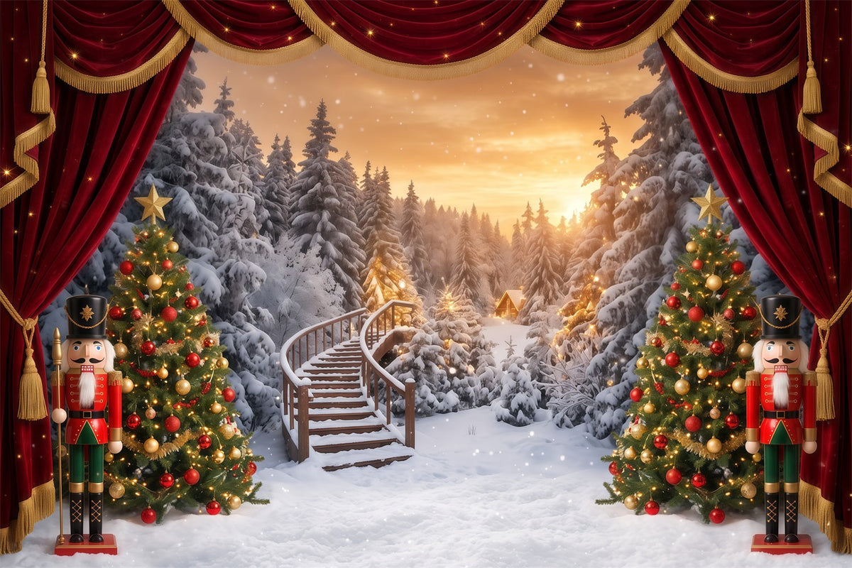 Weihnachtlicher Themenhintergrund Verschneite Winterwald-Bühne Nussknacker RR610-109