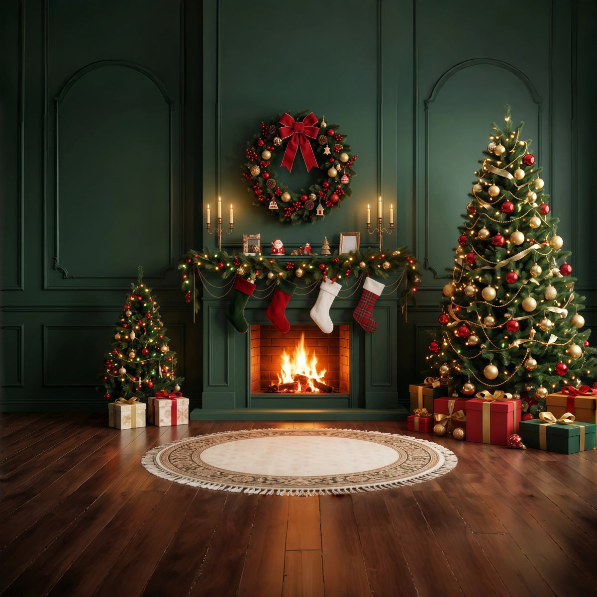 Weihnachtskamin-Hintergrund Immergrüne Tannen Weihnachtssocken Kranz RR610-110