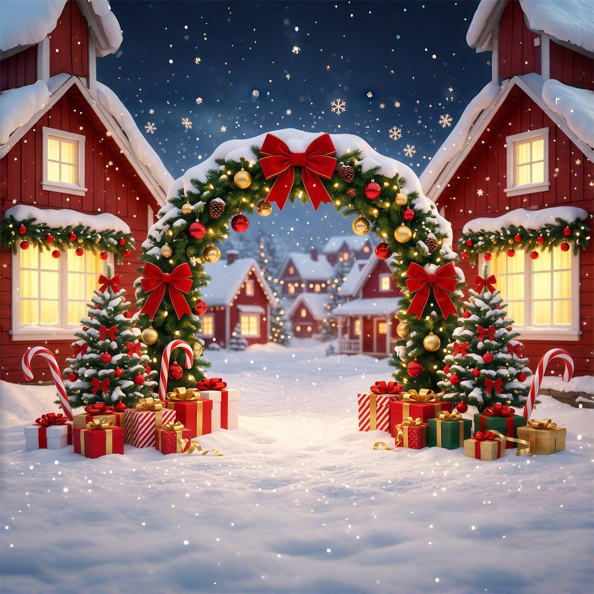 Weihnachtsdorf-Hintergrund Verschneiter Kranz Hausbogen RR610-112