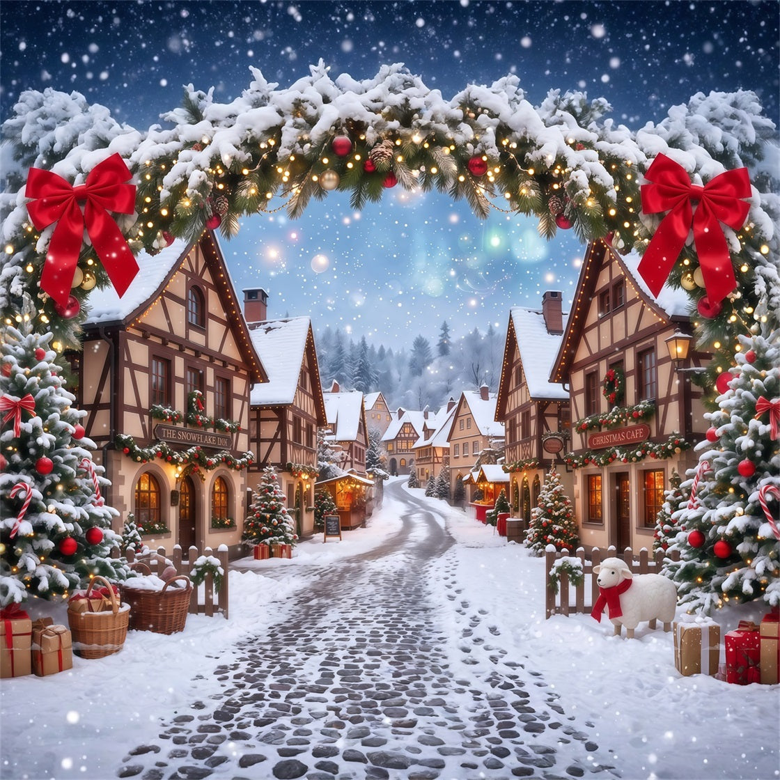 Weihnachtsdorf-Hintergrund Verschneites Haus Girlandenbogen RR610-114