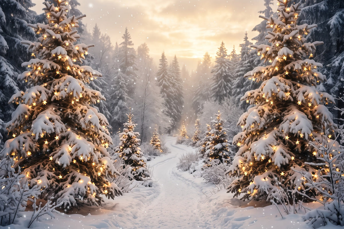 Weihnachtswald-Hintergrund Goldenes Licht Verschneite Bäume RR610-117