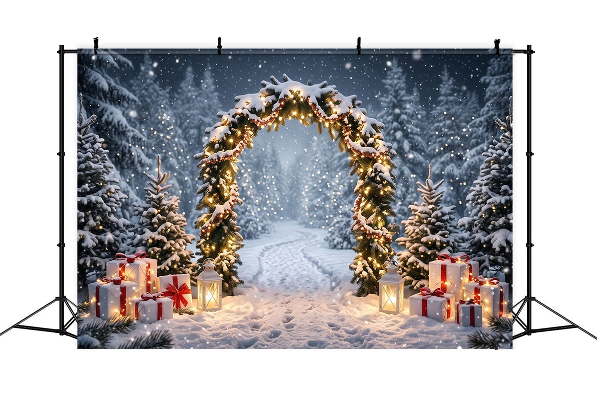 Weihnachtlicher Fotohintergrund Verschneiter Immergrüner Laternenbogen Winterwunderland RR610-119
