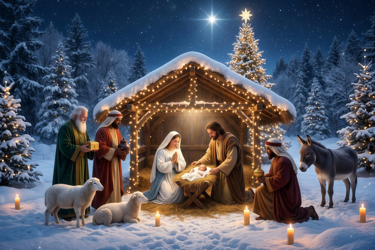 Weihnachtlicher Fotohintergrund Verschneiter Krippenstall Bethlehem RR610-12