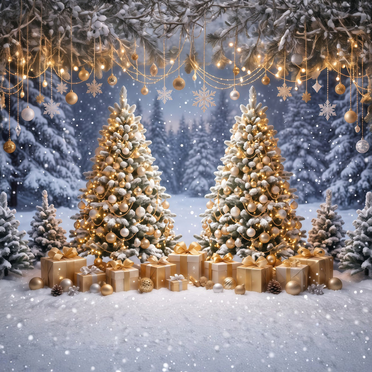 Weihnachtlicher Fotohintergrund Goldene Kugeln Zwei Weihnachtsbäume RR610-121