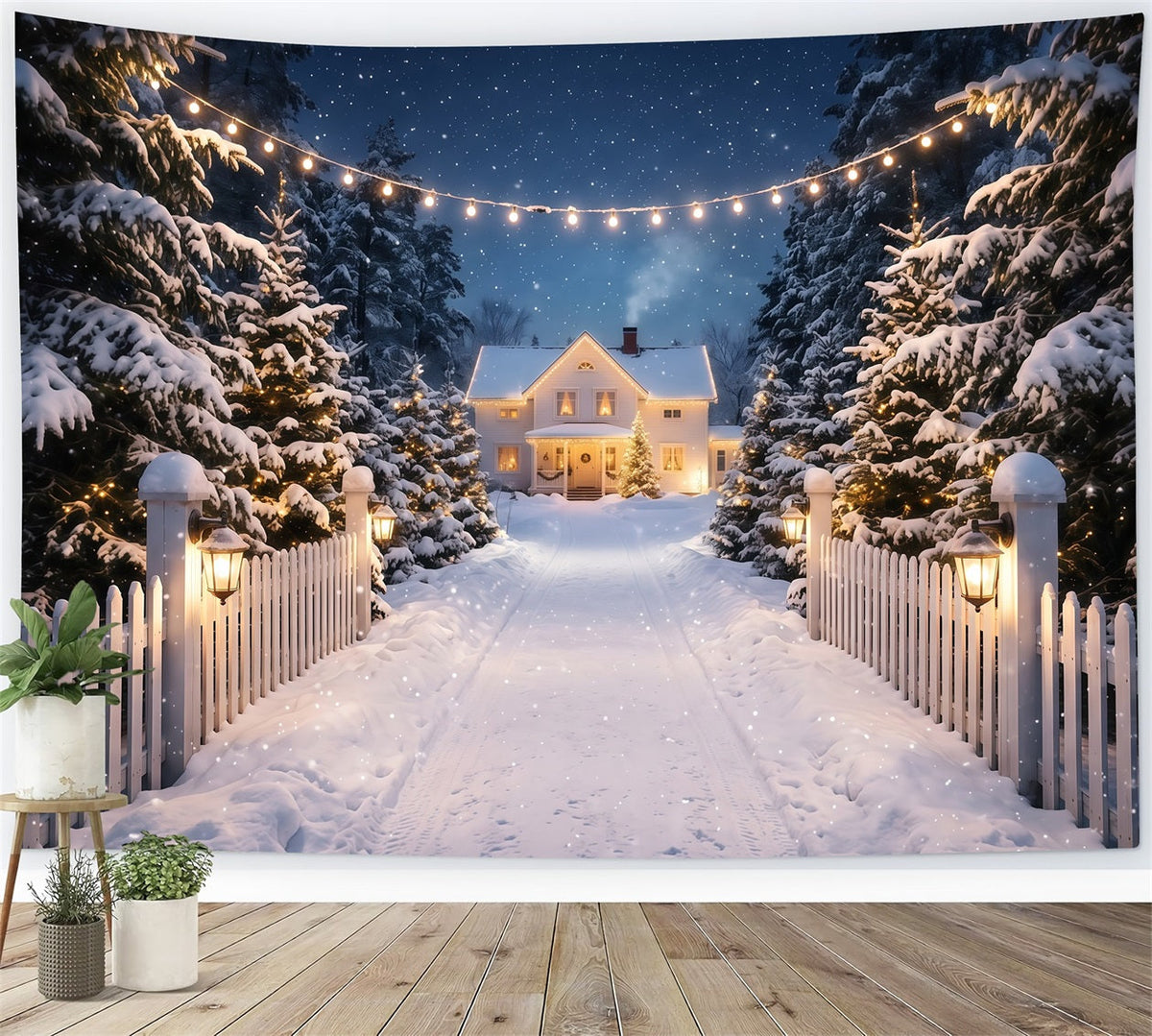 Weihnachtslichter-Fotohintergrund Verschneite Weiße Hauseinfahrt RR610-122