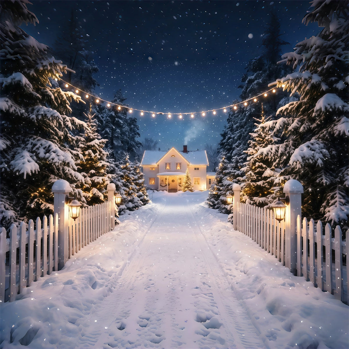 Weihnachtslichter-Fotohintergrund Verschneite Weiße Hauseinfahrt RR610-122