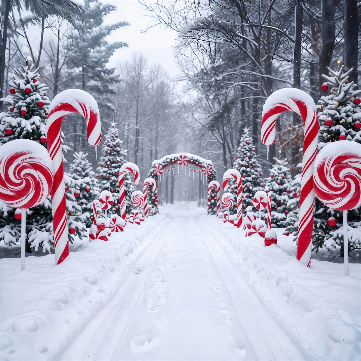 Weihnachtlicher Zuckerstangen-Hintergrund Verschneiter Waldweg RR610-126