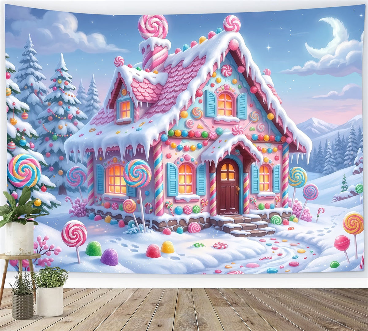 Lebkuchenhaus-Hintergrund Verschneites Pastellfarbenes Süßigkeitenhaus RR610-133