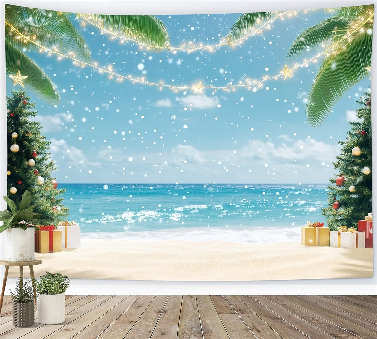 Tropischer Weihnachtshintergrund Tropischer Strand Festliche Palmen RR610-137