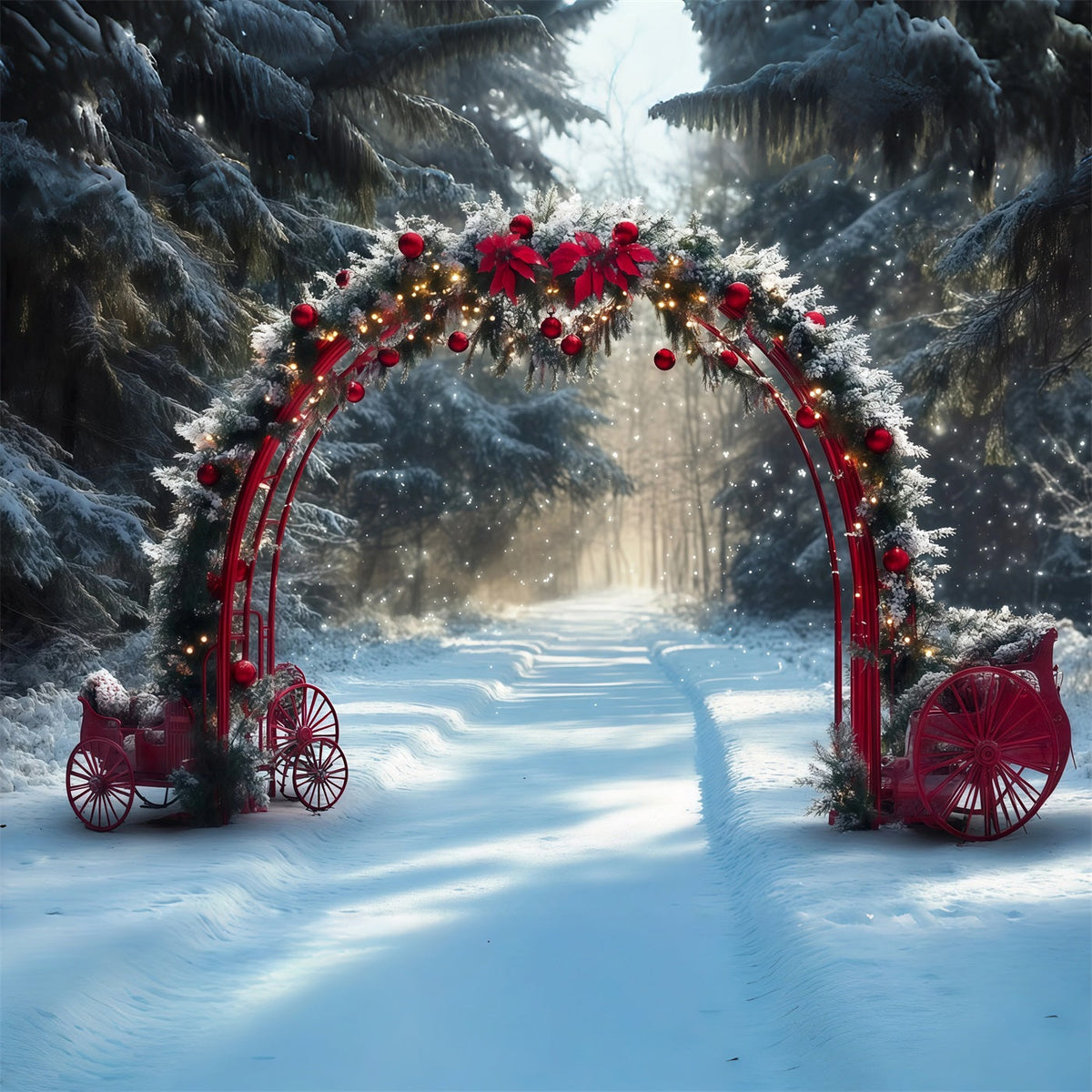 Verschneiter Weihnachtshintergrund Roter Torbogen Verschneite Kutschen RR610-138
