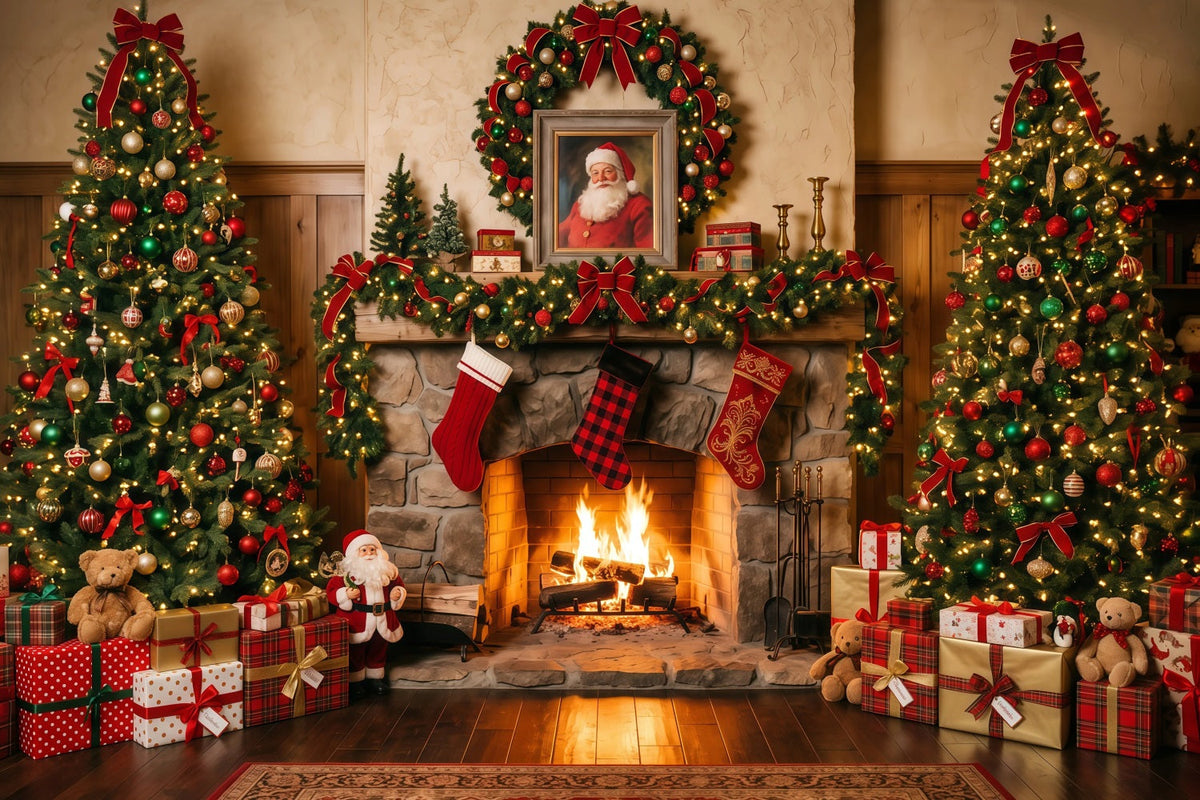 Santa Fotohintergrund Rustikaler Kamin Weihnachtssocken Dekoration RR610-144