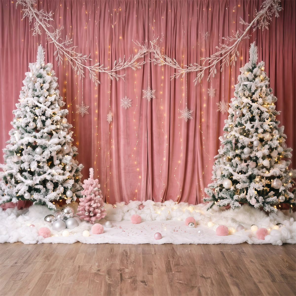 Winterlicher Weihnachtshintergrund Rosa Vorhang Verschneiter Weihnachtsbaum RR610-147