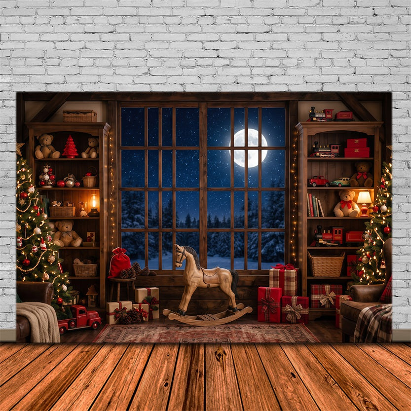 Weihnachtlicher Werkstatthintergrund Mondbeschienene Spielzimmer Fensterauslage RR610-148