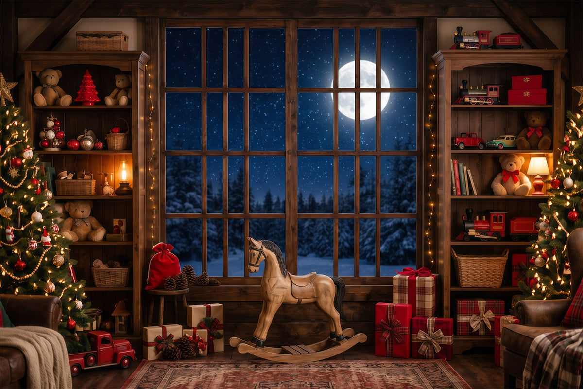 Weihnachtlicher Werkstatthintergrund Mondbeschienene Spielzimmer Fensterauslage RR610-148