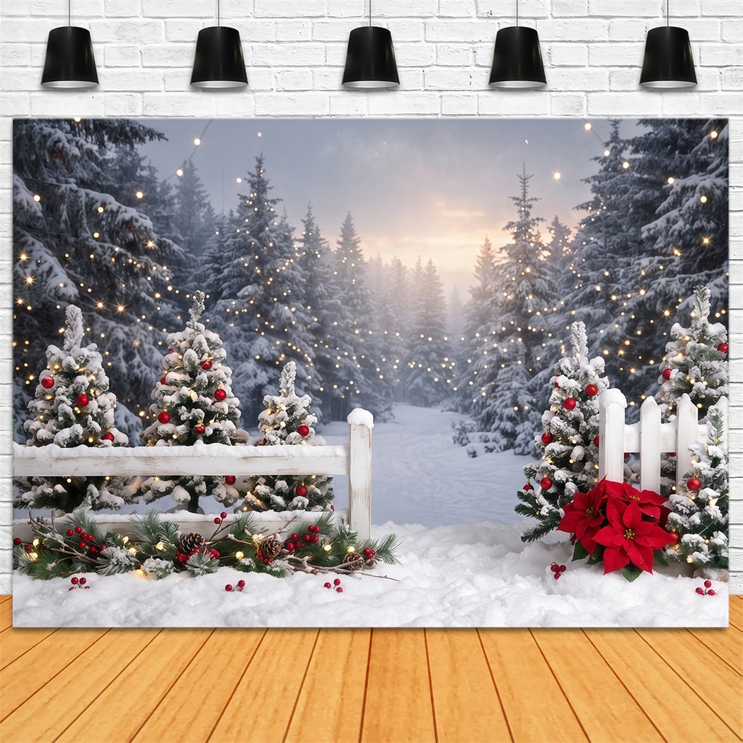 Weihnachtswald Hintergrund Verschneiter Zaun Weihnachtsstern Weg RR610-150